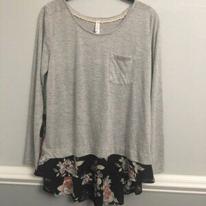 Women's Xhilaration Blouse Shirt Top Black Floral Mixed Media Layered Look Large